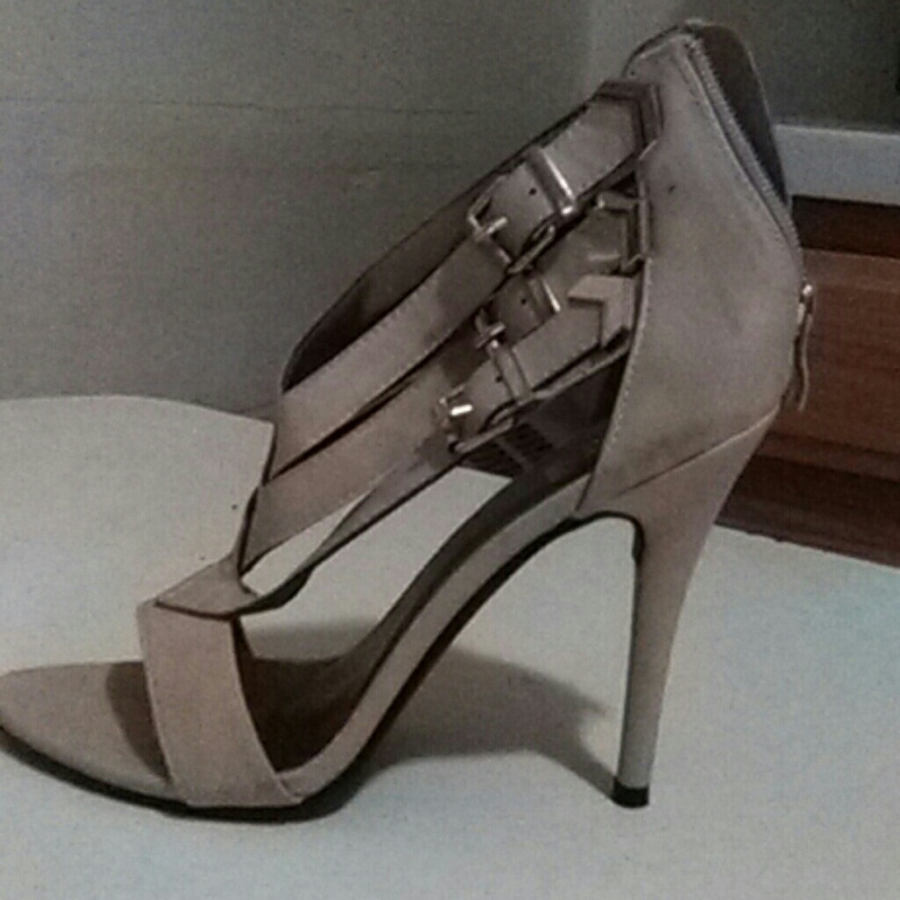 Beige open toe pumps